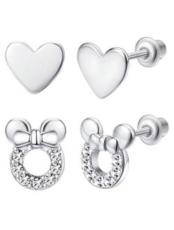 Milacolato 2Pairs 925 Sterling Silver Mouse Cubic Zirconia Plain Heart Screwback Earrings for Women Cute Dainty Stud Earrings Set