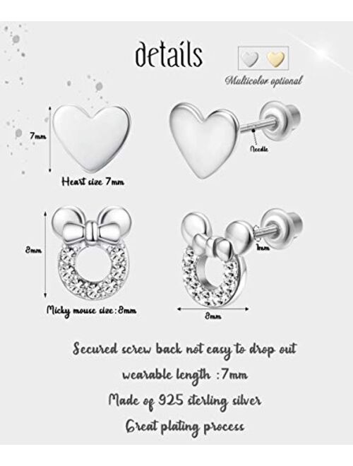 Milacolato 2Pairs 925 Sterling Silver Mouse Cubic Zirconia Plain Heart Screwback Earrings for Women Cute Dainty Stud Earrings Set