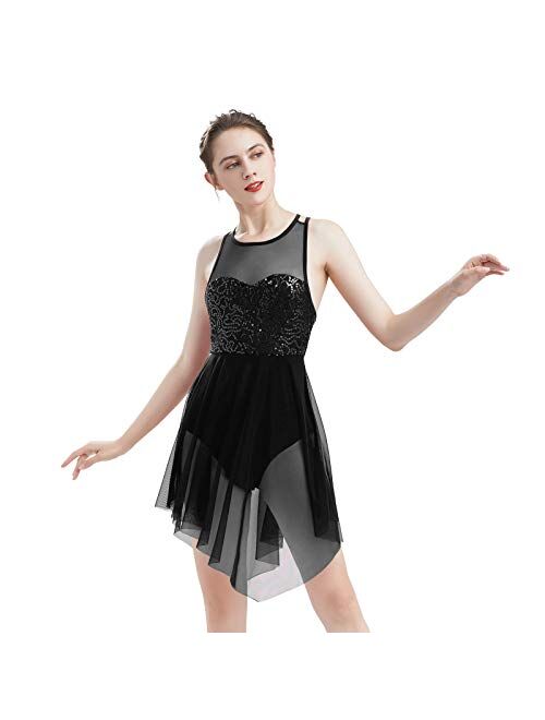 ODASDO Women Lyrical Dance Dress Modern Contemporary Dancewear Costume Sequins Tank Leotard Irregular Tulle Skirt