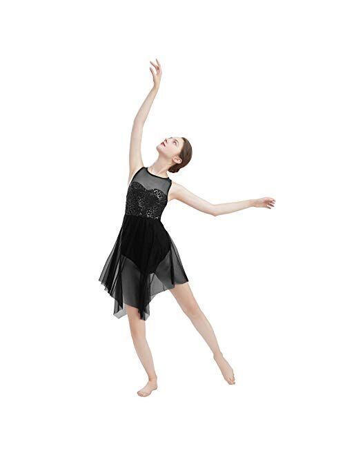 ODASDO Women Lyrical Dance Dress Modern Contemporary Dancewear Costume Sequins Tank Leotard Irregular Tulle Skirt