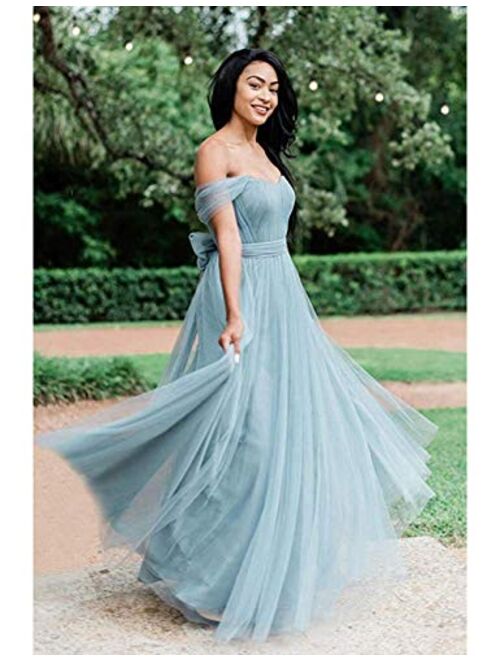 SERYO Convertible Bridesmaid Dresses Long Tulle Pleats Sleeveless A-Line Evening Party Gowns