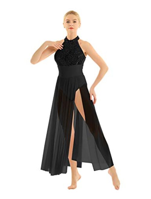 FEESHOW Women Sequins Halter Neck Lyrical Dance Dress Modern Contemporary Costumes Tulle Maxi Overlay Dresses