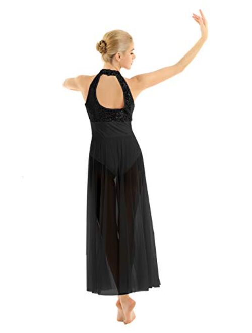 FEESHOW Women Sequins Halter Neck Lyrical Dance Dress Modern Contemporary Costumes Tulle Maxi Overlay Dresses