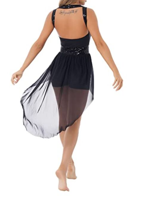 FEESHOW Sequins Lyrical Women Ballet High Low Dance Dress Leotard Adult Camisole Dress