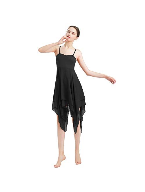 ODASDO Women Lyrical Dance Costume Modern Contemporary Ballet Dancewear Spaghetti Strap Chiffon Flowy Dress