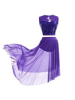 ODASDO Lyrical Dance Costume for Women Sequin Lace Floral Crop Top Asymmetrical Flowy Mesh Tulle Skirt 2pcs Outfit