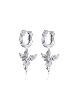 HELLOICE Praying Angel Wing Earrings Iced Out Dangle Drop Earrings 18K White Gold Plated 5A CZ Stone Dangling earrings Lightweight Religious Earrings for Women & Men