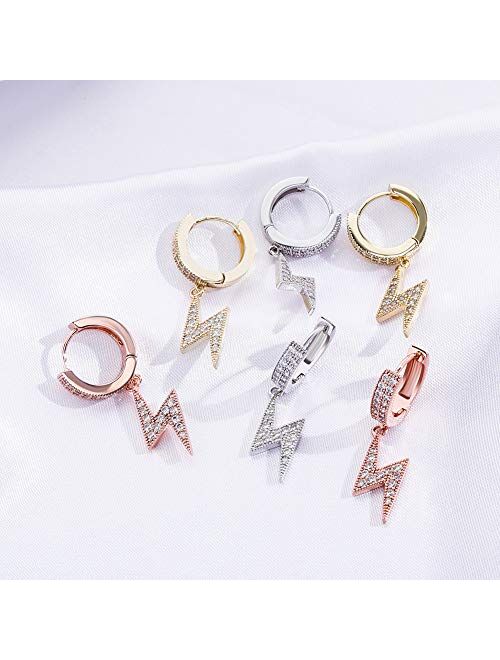 TOPGRILLZ Dangle Drop Iecd Out 14K Gold Plated Lightning Bolt Hinged Hoop Earrings for Men Women Fashion Hip Hop Jewelry Gifts Geometric Flash Hypoallergenic Earring