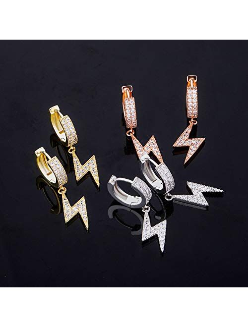 TOPGRILLZ Dangle Drop Iecd Out 14K Gold Plated Lightning Bolt Hinged Hoop Earrings for Men Women Fashion Hip Hop Jewelry Gifts Geometric Flash Hypoallergenic Earring