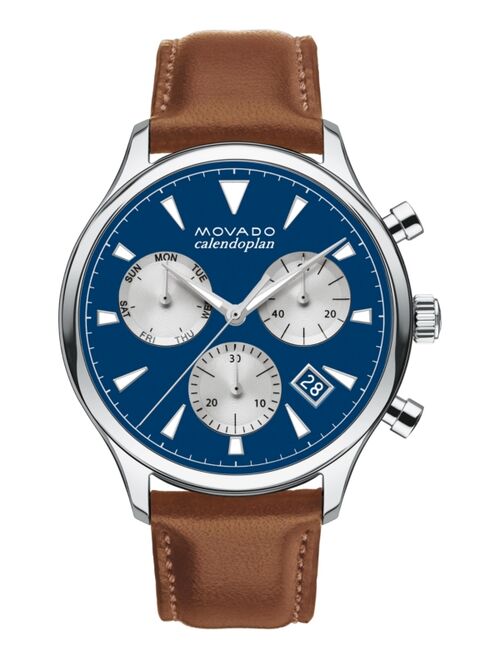 Movado Men's Swiss Chronograph Heritage Series Calendoplan Cognac Brown Leather Strap Watch 43mm