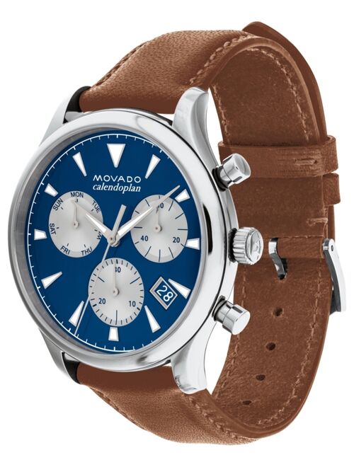 Movado Men's Swiss Chronograph Heritage Series Calendoplan Cognac Brown Leather Strap Watch 43mm