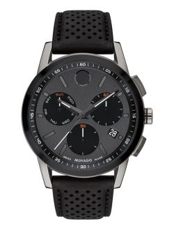 Men's Swiss Chronograph Museum Sport Black Perforated Leather Strap Watch 43mm