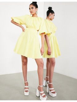 ASOS EDITION puff sleeve mini dress with cut out back in lemon