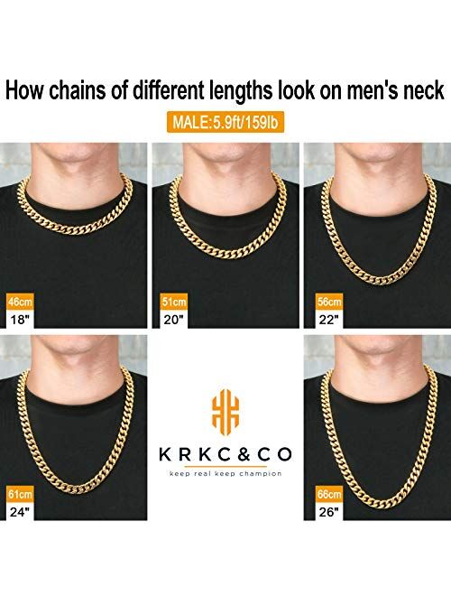 KRKC&CO KEEP REAL KEEP CHAMPION KRKC&CO 12mm/14mm Mens Cuban Link Chain, 18k Gold Miami Cuban Chain, 4-Side Cut, Hip Hop Jewelry, Solid No Tarnish Necklace, Durable and A