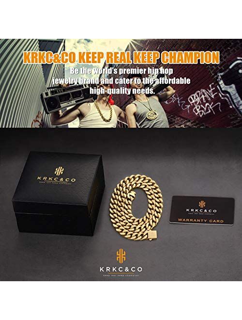 KRKC&CO KEEP REAL KEEP CHAMPION KRKC&CO 12mm/14mm Mens Cuban Link Chain, 18k Gold Miami Cuban Chain, 4-Side Cut, Hip Hop Jewelry, Solid No Tarnish Necklace, Durable and A