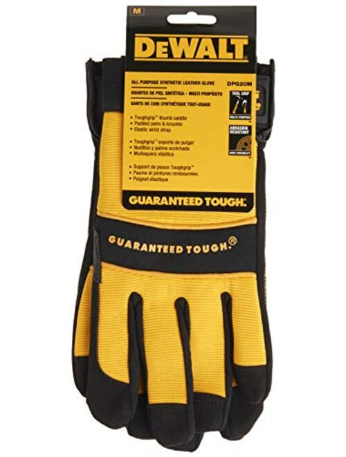 Dewalt DPG20M All Purpose Synthetic Leather Palm Spandex Back Velcro Wrist Work Glove, Medium, Black/Yellow