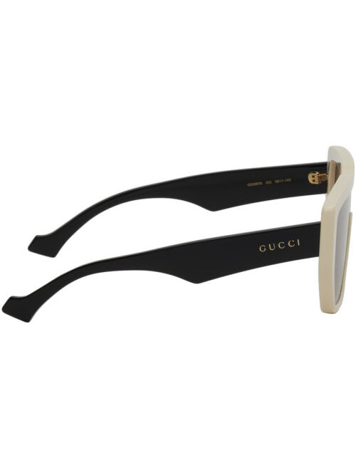 Gucci Off-White & Black Rectangular Sunglasses