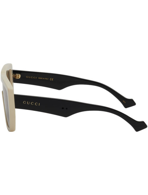 Gucci Off-White & Black Rectangular Sunglasses