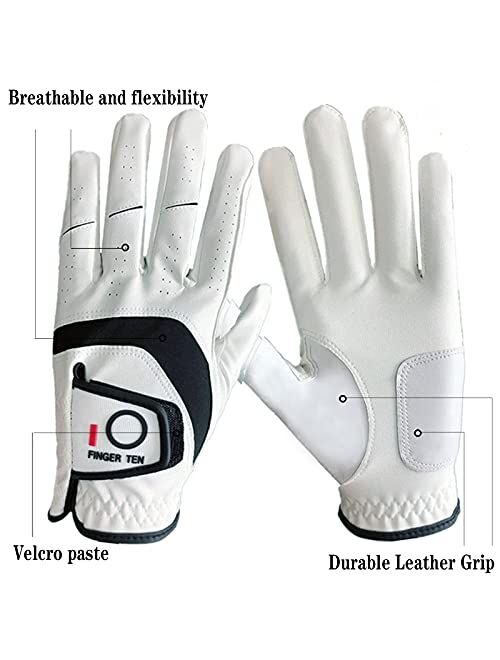Finger Ten Golf Gloves Men Left Hand Right Leather 5 Pack, Mens Golf Glove All Weather Grip, Fit Size Small Medium ML Large XL