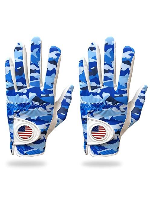 Finger Ten Golf Gloves Men Left Hand Right with Ball Marker USA Flag Value 2 Pack Leather Breathable Comfortable Weathersof Grip Size Small Medium ML Large XL