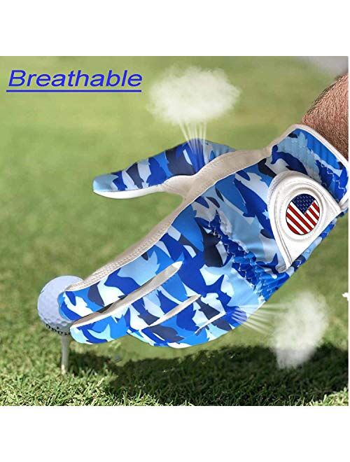 Finger Ten Golf Gloves Men Left Hand Right with Ball Marker USA Flag Value 2 Pack Leather Breathable Comfortable Weathersof Grip Size Small Medium ML Large XL