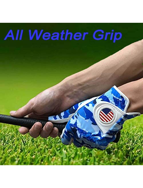 Finger Ten Golf Gloves Men Left Hand Right with Ball Marker USA Flag Value 2 Pack Leather Breathable Comfortable Weathersof Grip Size Small Medium ML Large XL
