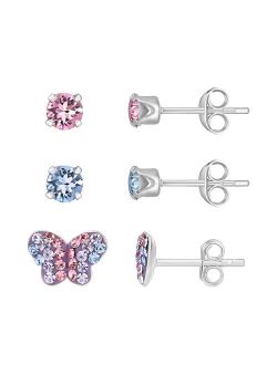 Charming Girl Sterling Silver 3 Pair Crystal Stud & Butterfly Earring Set
