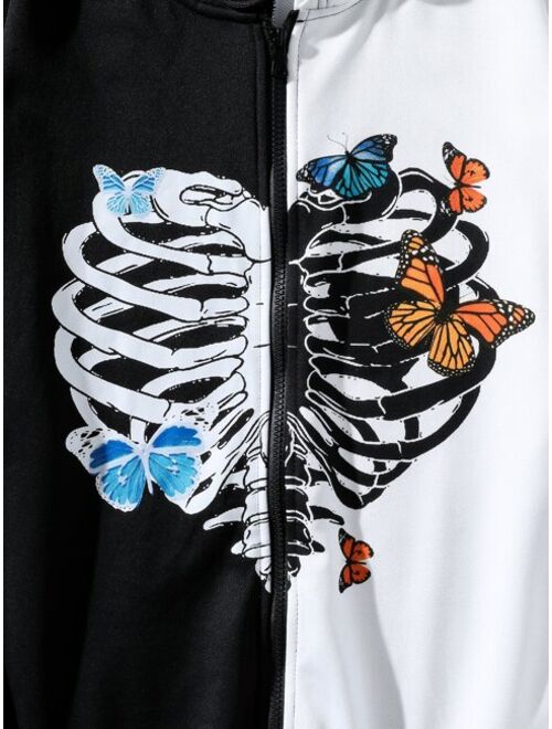 Shein Men Two Tone Skeleton & Butterfly Print Drawstring Zip-up Hoodie