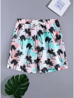 Men Tropical Print Drawstring Waist Shorts