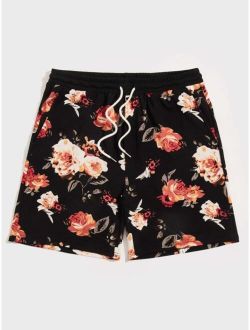 Men Floral Print Drawstring Waist Shorts