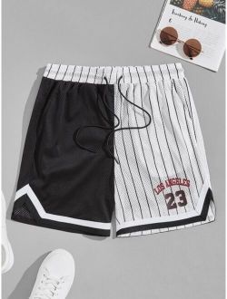 Men Pinstriped Letter Graphic Contrast Tape Drawstring Shorts