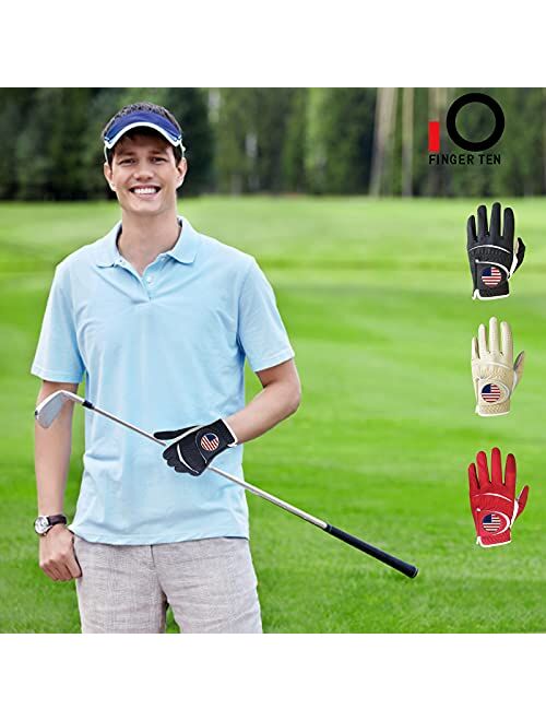 Finger Ten Golf Gloves Men Left Hand with Ball Marker Right Hand USA Flag Value 2 Pack, Premium Leather Weathersof Grip Soft Mens Glove Size Small Medium ML Large XL