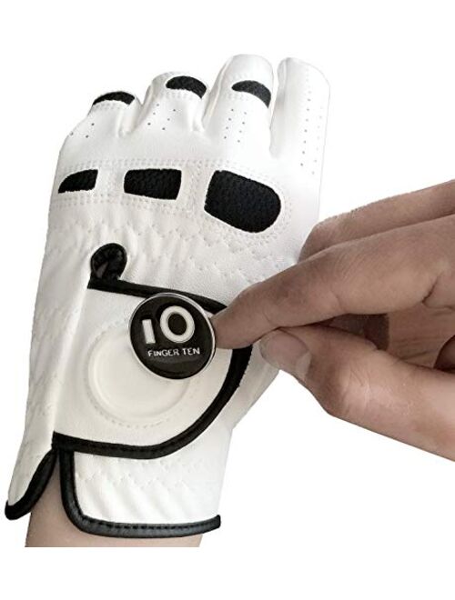 Mens Golf Glove Left Hand Right with Ball Marker Value 2 Pack, Weathersof Grip Soft Comfortable, Fit Size Small Medium ML Large XL, by Finger Ten