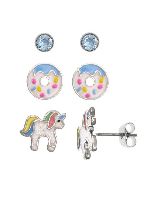 FAO Schwarz Crystal, Donut, Unicorn Stud Earring Set