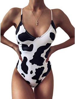 Newfancy Womens One Piece Cow Print Pattern High Cut Bodysuit Swimsuit Bikini Swimwear Rave Festival