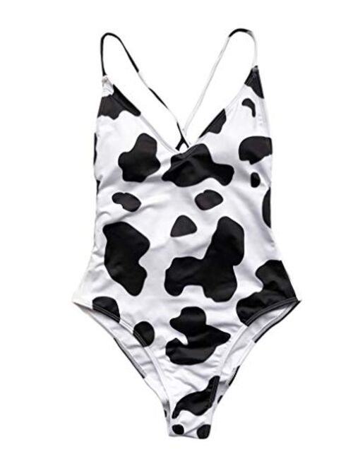 Newfancy Womens One Piece Cow Print Pattern High Cut Bodysuit Swimsuit Bikini Swimwear Rave Festival