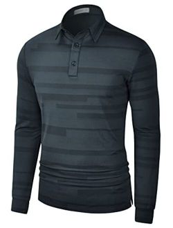 LE VONFORT Mens Striped Performance Long Sleeve Golf Polo Shirts Quick Dry Athletic Collared Shirt