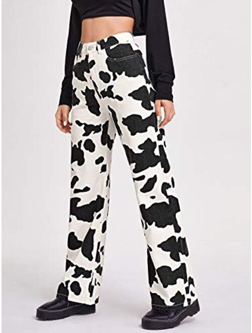 WDIRARA Women's Cow Print High Waist Wide Leg Jeans Casual Long Denim Pants