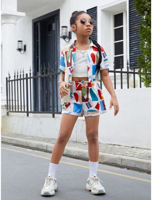 SHEIN Girls Geo Print Crop Blouse & Bow Front Shorts