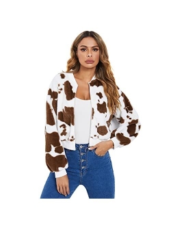 Women's Casual Zip Up Cow Print Fuzzy Bomber Jacket Tops