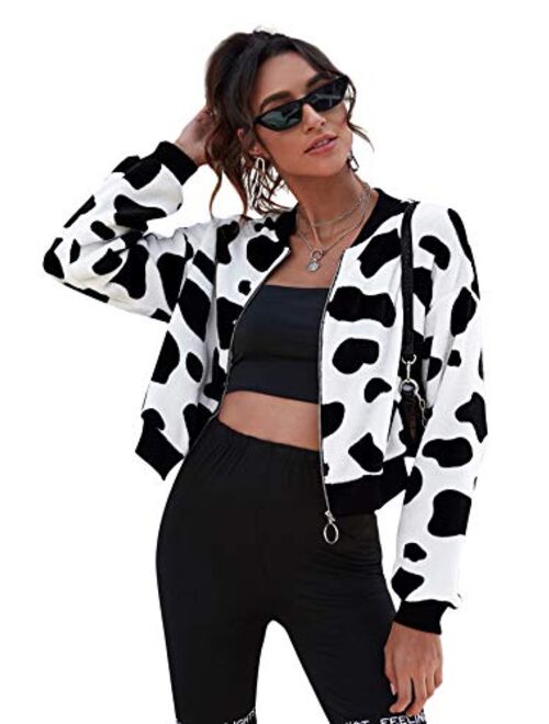 Romwe Women's Casual Zip Up Cow Print Fuzzy Bomber Jacket Tops