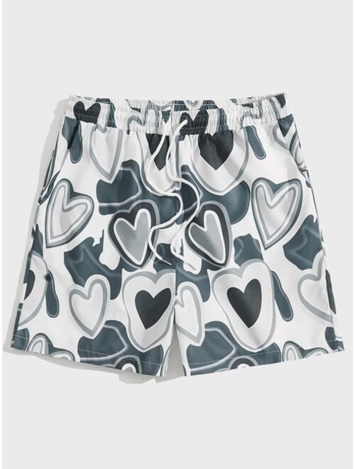 ROMWE Guys Heart Print Drawstring Shorts