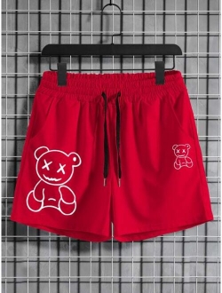 Men Bear Print Drawstring Waist Shorts