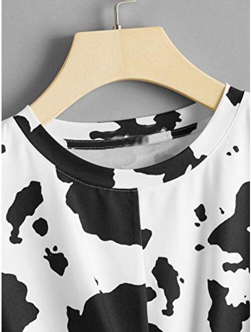 Milumia Women's Cow Print Twist Front Round Neck Short Sleeve Crop Tee Top
