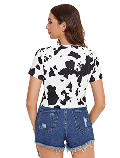 Milumia Women's Cow Print Twist Front Round Neck Short Sleeve Crop Tee Top