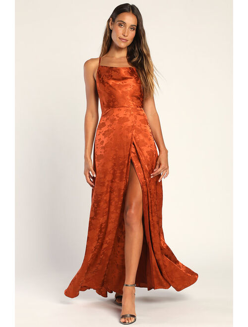 Lulus Simply Dreamy Rust Orange Satin Floral Jacquard Maxi Dress