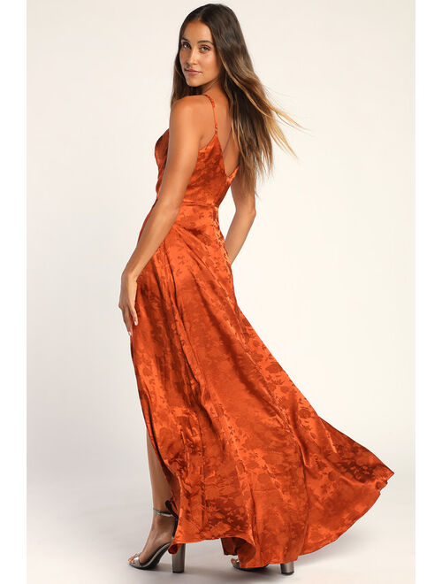 Lulus Simply Dreamy Rust Orange Satin Floral Jacquard Maxi Dress