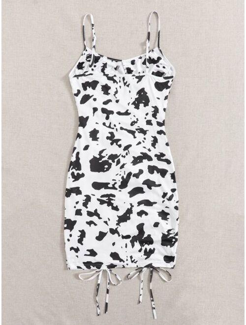 SHEIN Cow Print Drawstring Ruched Bodycon Dress