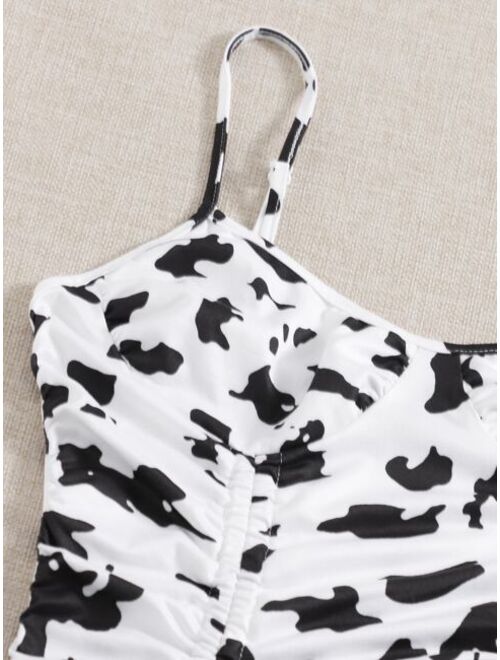 SHEIN Cow Print Drawstring Ruched Bodycon Dress