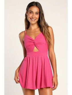 Sweetest of Dreams Hot Pink Ribbed Twist-Front Cutout Romper